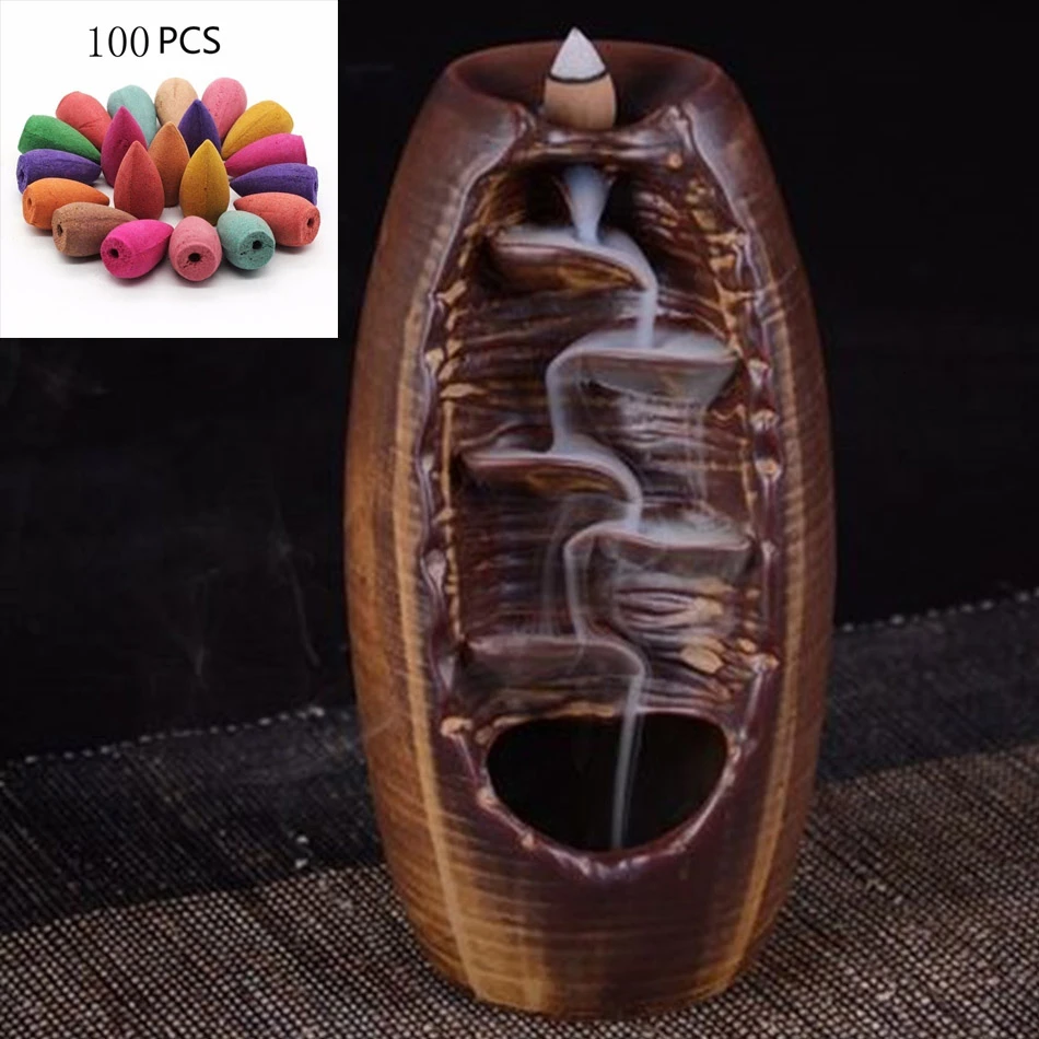 Burner with 100PCS With100Cones Бесплатный подарок водопад ладан горелка Керамическая ладан держатель вариант для смешанных пирамидки благовоний(размер горелки L и Размер M - Цвет: Burner with 100PCS
