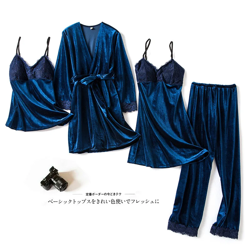 

FZSLCYIYI Winter Velvet Pajamas Set for Women Soft Keep Warm Sexy Sleepwear Velour 4PCs Full Sleeve Strap Nightgown Pyjamas Suit