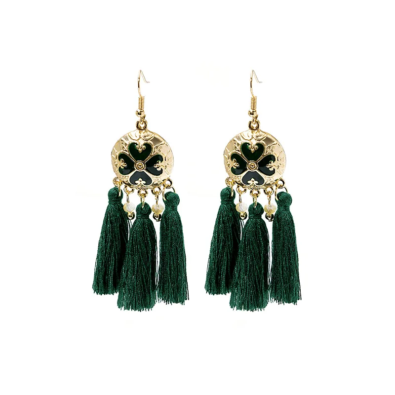 

Bohemian European and American Retro Pattern Disc Tassel Earrings Fashion Exquisite Drop Oil National Style Pendant Stud