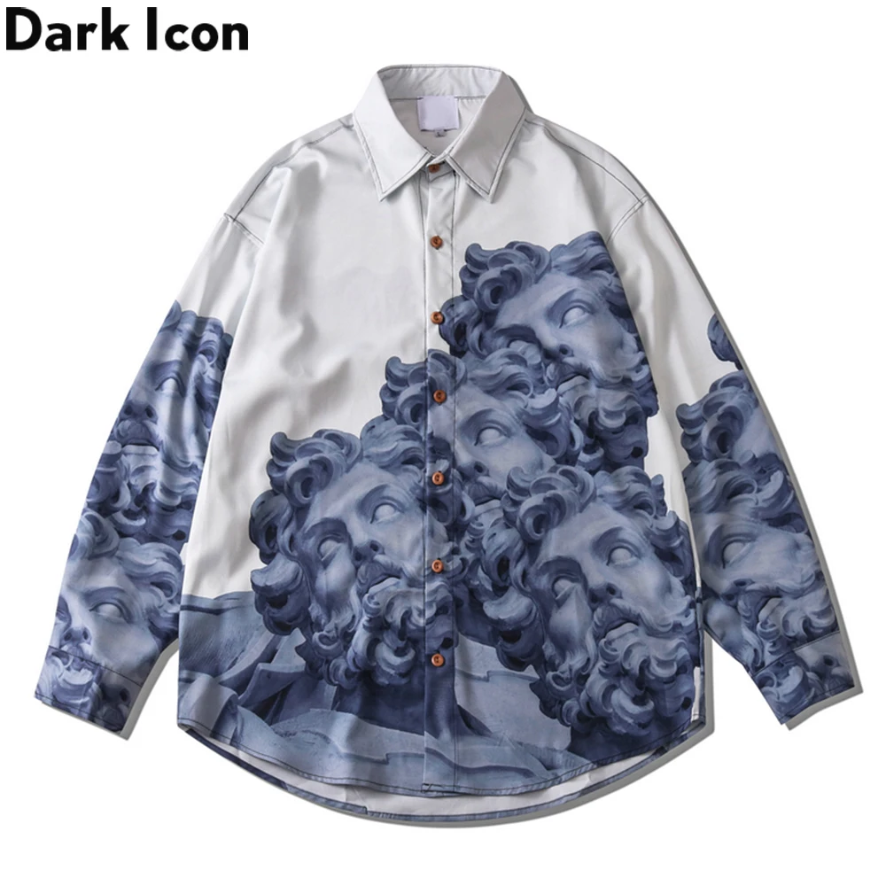

Dark Icon Print Long Sleeved Men's Shirt Turn-down Collar Shirts for Men Blouse Male Top