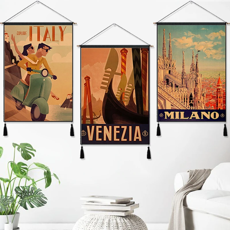Венеция город на воде Италия винтажный подвесной тканевый постер с рисунком