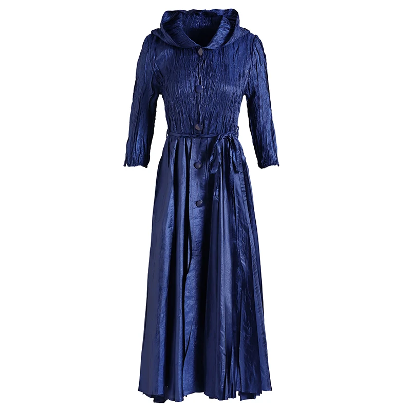 

Plus Size Dress Hooded For Women 45-75kg 2021 Spring New Three Quarter Sleeve Elastic Loose Miyake Pleated A Line Dress