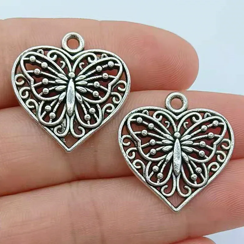 

5pcs 23x22mm Heart Butterfly Pendant Charms Diy Jewelry Making Jewelry Finding Antique Silver Color