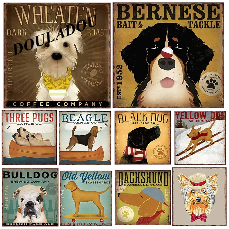 

[Douladou] Retro Embossed Plate Cute Dog Bar Pub Wall Shield Decoration Vintage Metal Tin Signs Retro Plaque Poster 30*30CM