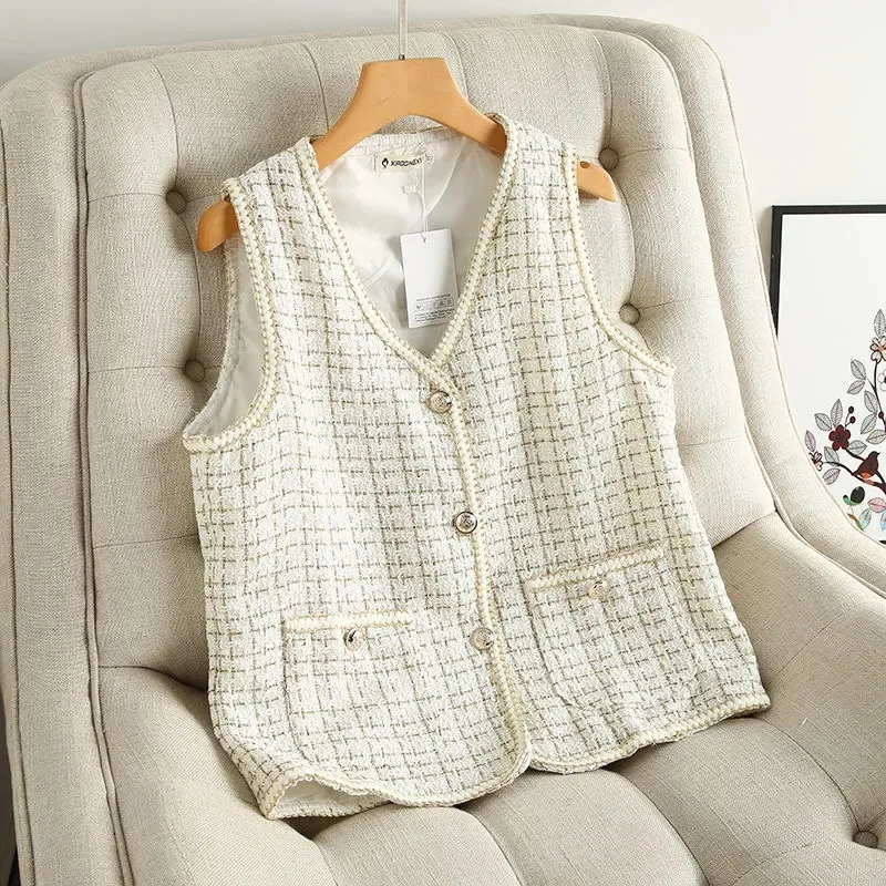 

Korean style Women Tweed plaid Vest Jackets fashion vintage Spring Sleeveless V-Neck Vest coats elegant loose chic ourerwear