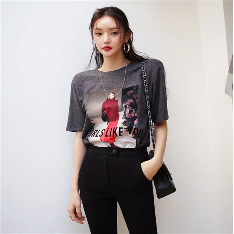 

Свободная Ретро футболка в Корейском стиле с принтом в гонконгском стиле с короткими рукавами внутри и снаружи