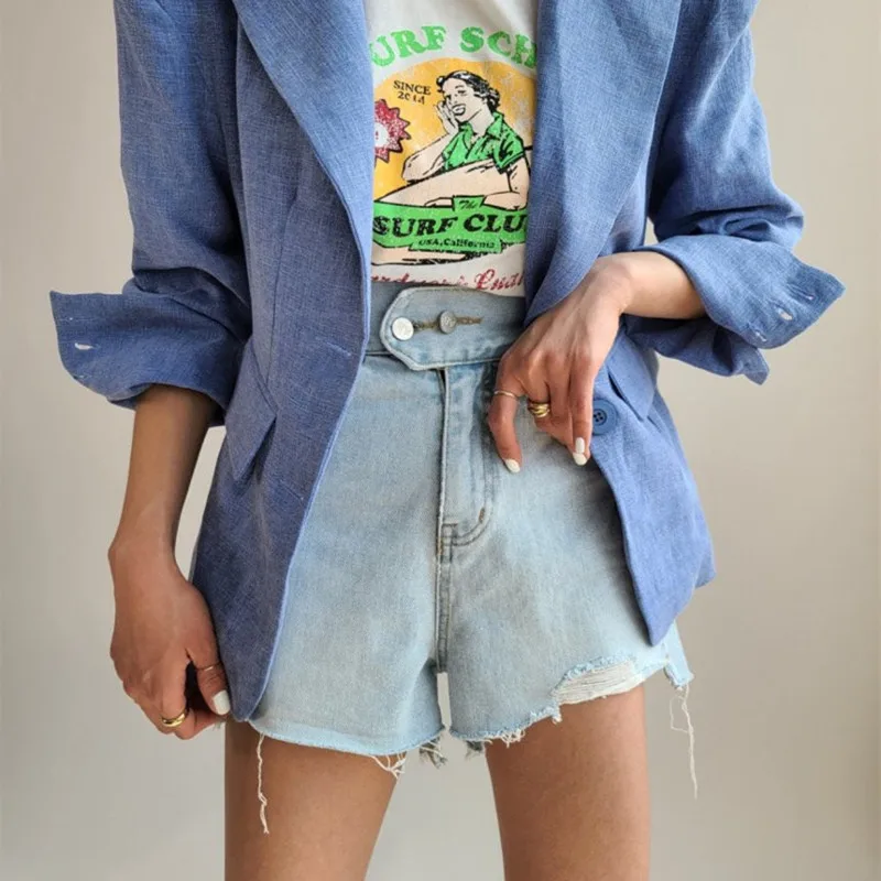 

2021 High Waist Double Button Jeans Shorts for Women New Summer Chic Ripped Edge Female Denim Shorts Casual Bottoms