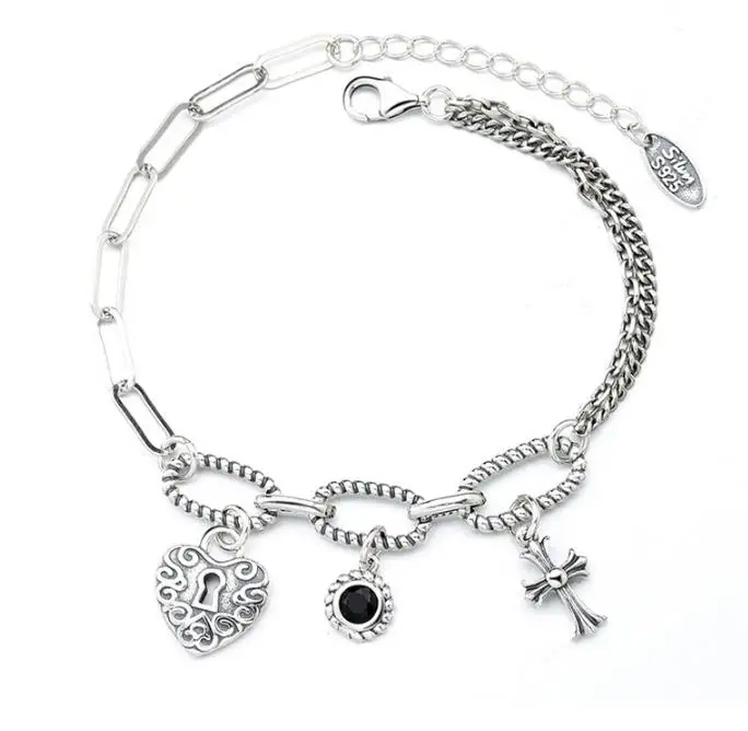 

Japanese Silver color Love lock cross Bracelet cool women ins Fashion Personality Weaving Hip Hop PUNK Fashion Trendy hand chain