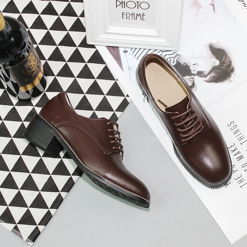 

Women Genuine Leather Pumps Oxford Shoes Spring Thick Heels Shoes Round Toe Laces Heel 4.5cm Woman Shoes 2020
