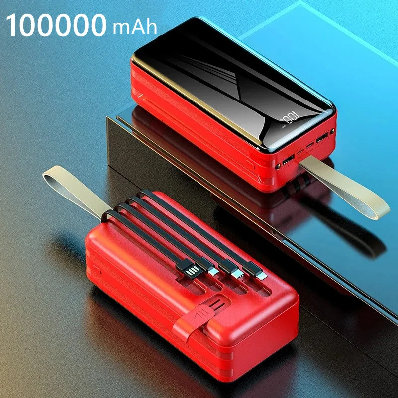 

100000mAh Power Bank for Xiaomi Huawei iPhone Samsung Fast Charging Powerbank Built in 4 Cables External Battery Pack Power Bank
