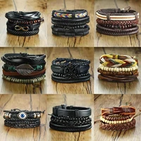 new retro braided leather cord set up bracelet devils eyes cowhide bracelet beaded leaves multilayer leather mens and womens