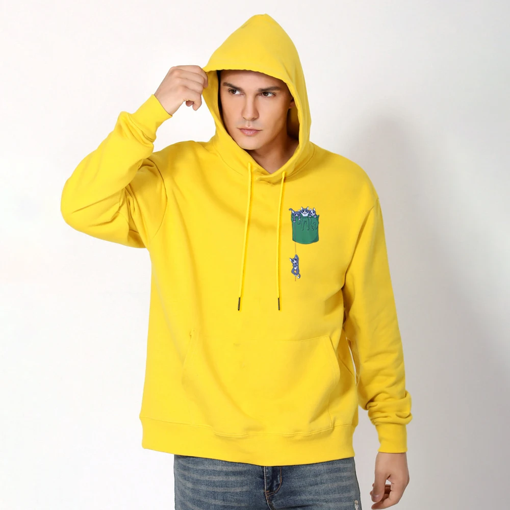 Толстовка мужская с мультяшным принтом кошки и четырьмя карманами|Мужские