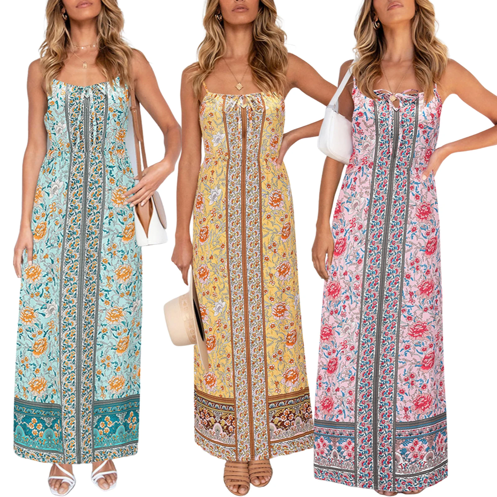 

2021 новые женские повседневные платье-комбинация с цветочным принтом с рисунком без рукавов, с вырезом лодочка, синий/желтый/розовый