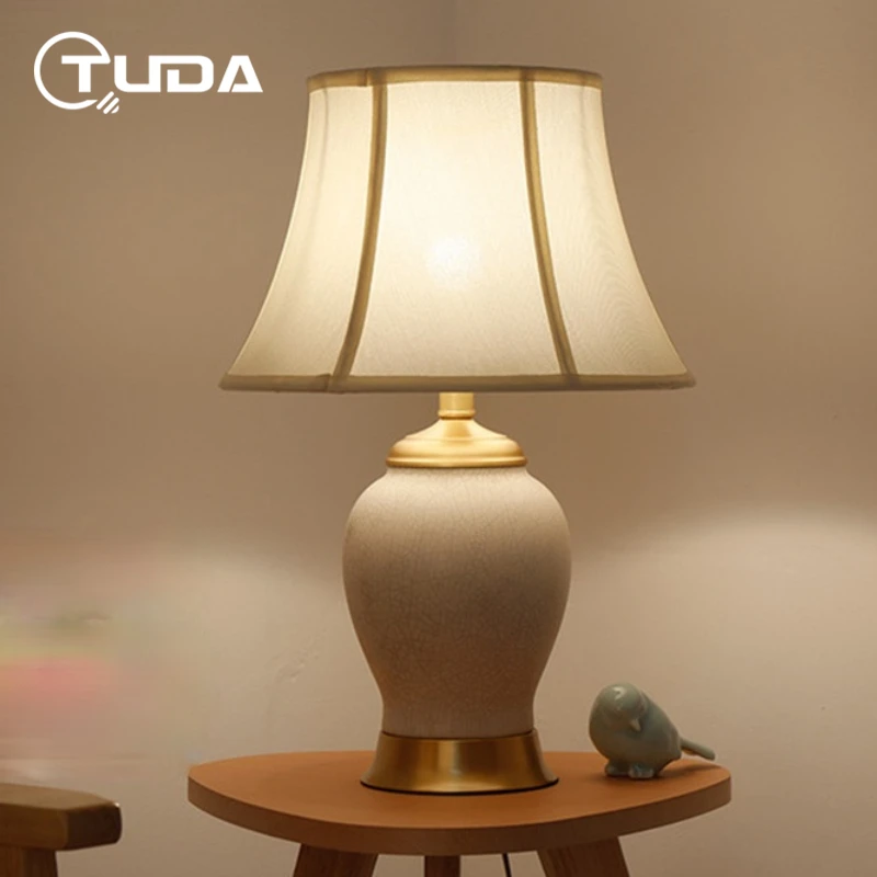 

TUDA 2021 New Style Beige Ceramic Table Lamp For Living Room Bed Room Study Room Palace Lampshade Remote Control Waim Lighting