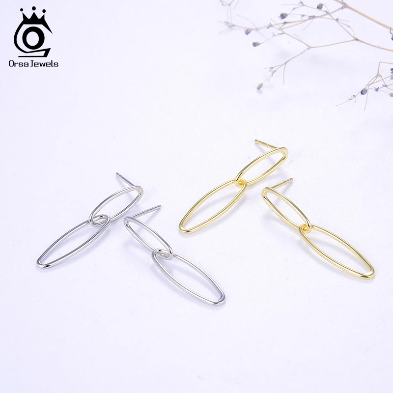 ORSA JEWELS Твердые 925 длинные висячие серьги Новейшие Стерлингового Серебра простые геометрические овальные висячие серьги женские ювелирные изделия SE184