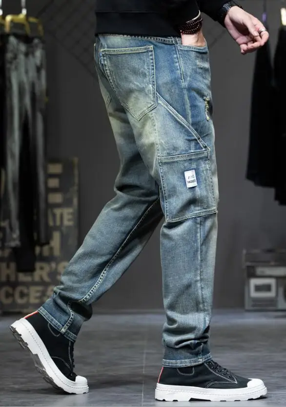 Retro Ripped Jeans Men Loose Feet Harem Pants Streetwear High Street Jeans