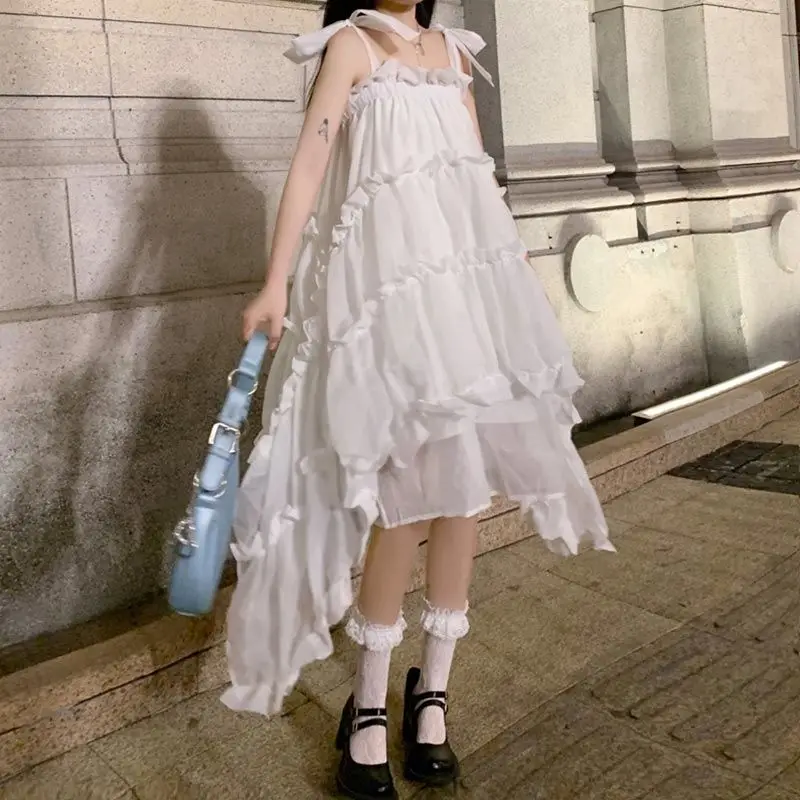 

The white dress with super fairy temperament is slim in summer, and the irregular suspender skirt is a medium length skirt