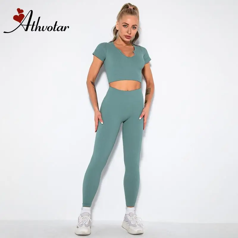 ATHVOTAR Women Fitness Set Yoga Clothing 2 Piece Solid Push Up Bra and Gym Leggings Joga Seamless Sportswear | Спорт и развлечения