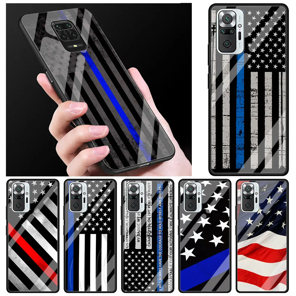 

Thin Blue Line American US Flag Glass Phone Case For Xiaomi Redmi Note 9S 8 9 5G 10 K40 Pro Plus 7 9 8 8T 9C 9A K30 9T 8A Cover