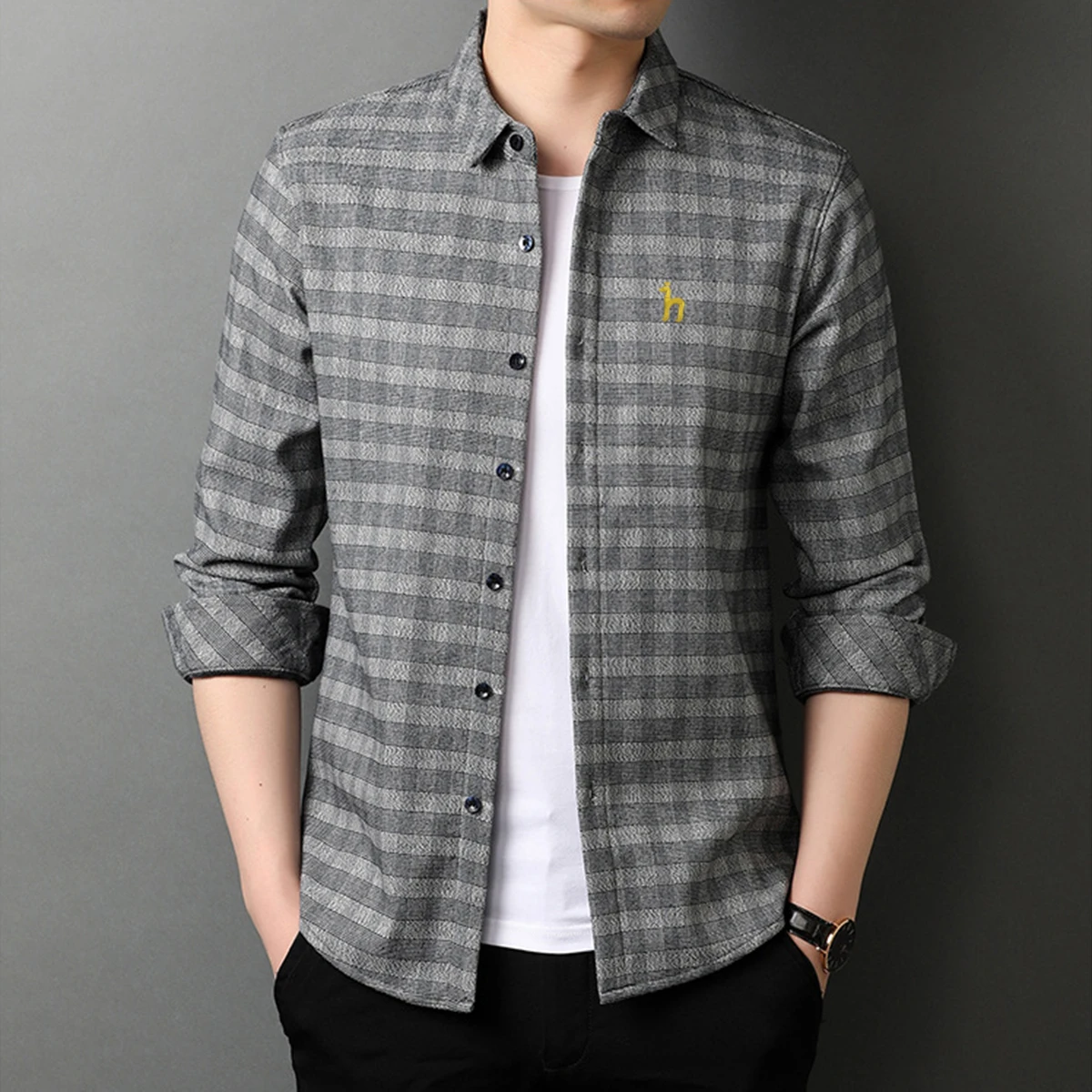 

2021 Winter Mens Classic Hazzsy Dog Embroidery Warm Shirts Male Button Up Casual Blouse Tops Standard-fit Long Sleeve Shirts