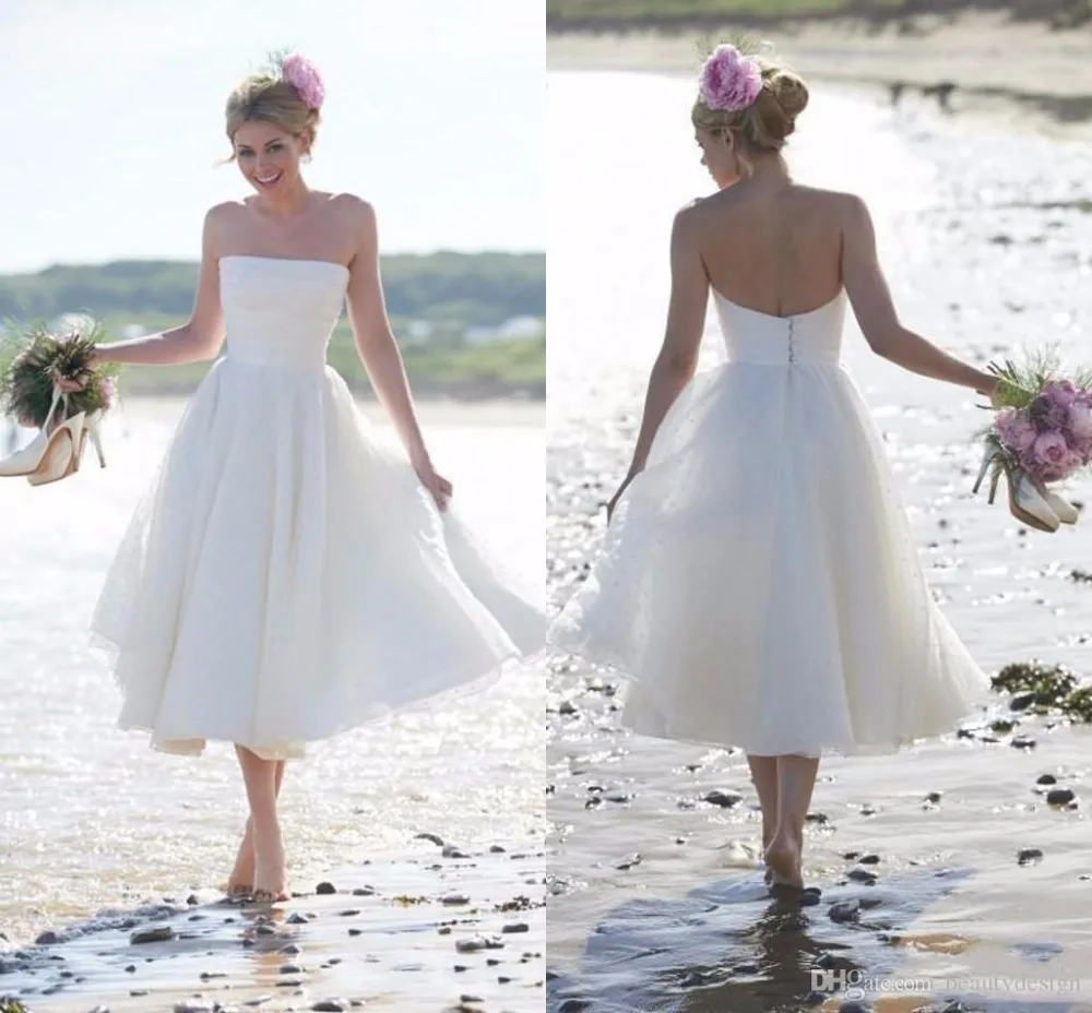 

2018 Newest Fashion Summer Beach Short A-line cheap strapless bridal gown brides mid-calf vestido de noiva bridesmaid dresses