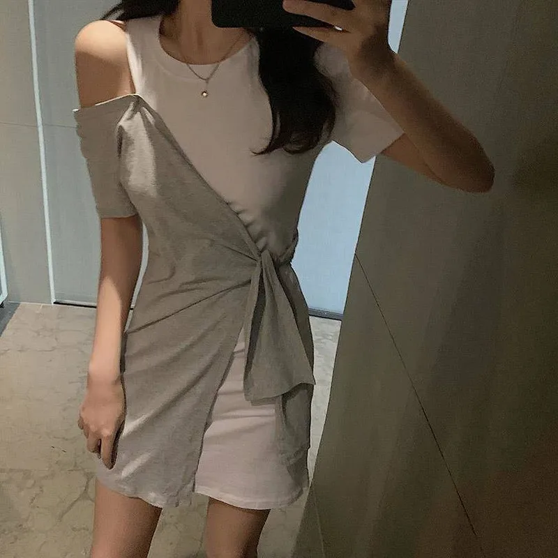 

Irregular bodycon dress summer clothes for women patchwork wrap dress 2020 new casual style short sleeve cotton dresses