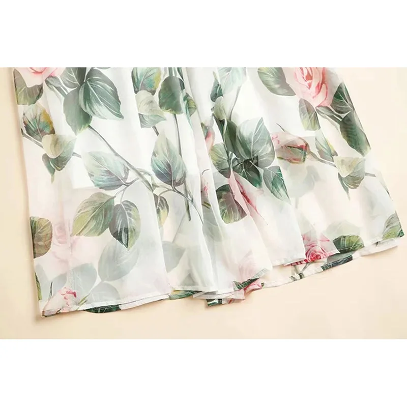 

Sexy Off Shoulder Slash neck Puff Sleeve Tops + High waist Long Skirt Elegant Rose Flower Print Chiffon Two-piece set
