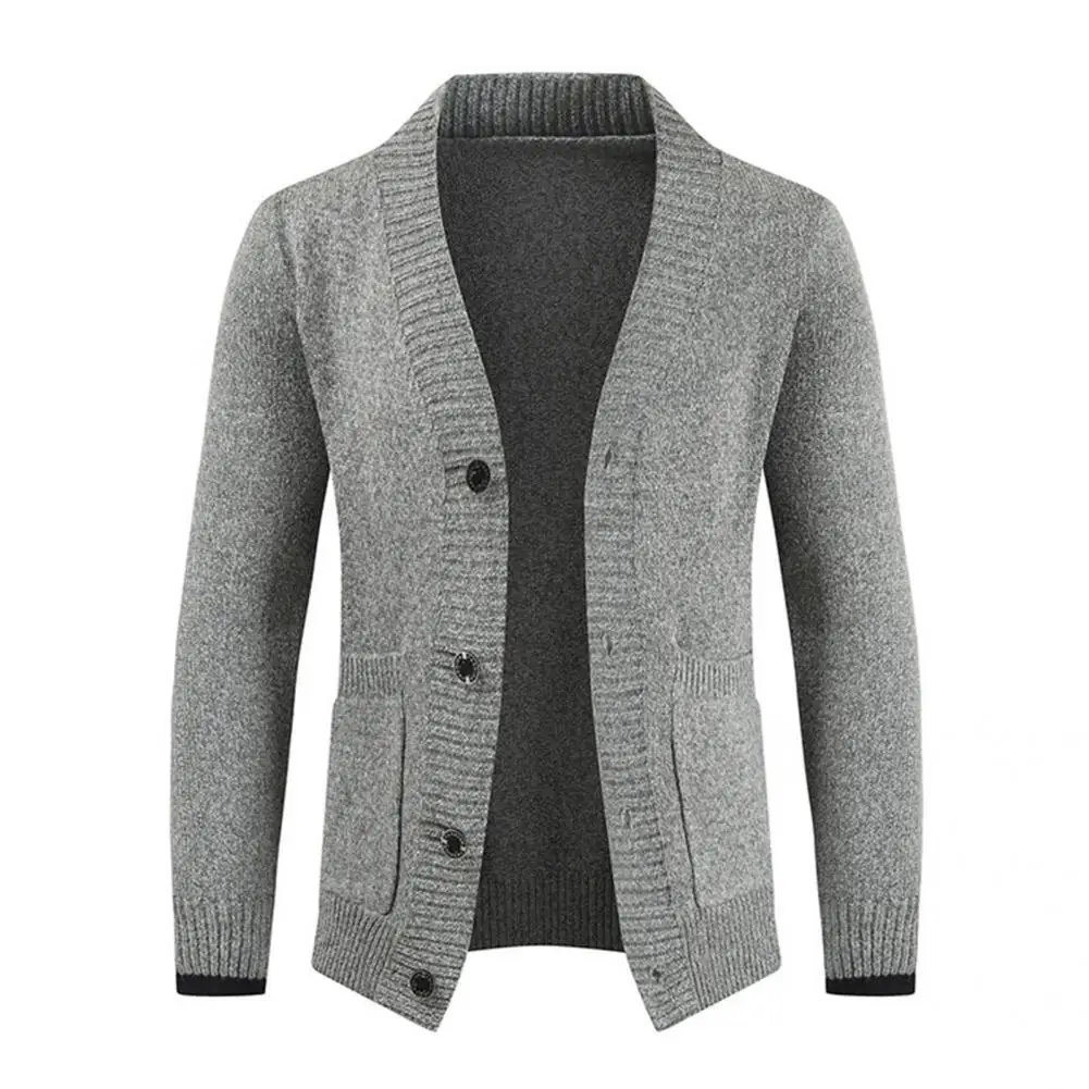 

Knitted Coat Buttons Closure Simple Windproof Solid Color Pockets V-Neck Sweater Coat