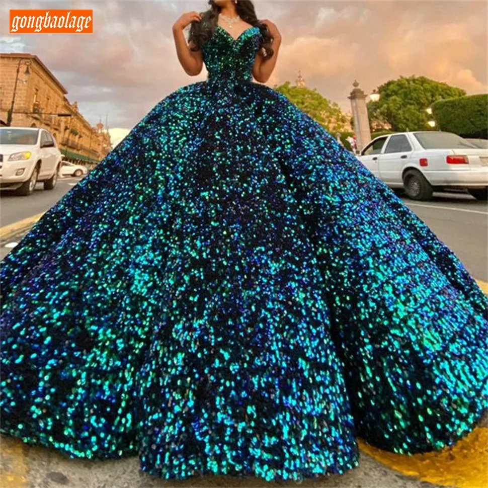 

Sequined Evening Dresses Real Photos Lace Up Ball Gown Fluffy Party Women Formal Dress Long Gala Custom Made Gala De Soiree 2020