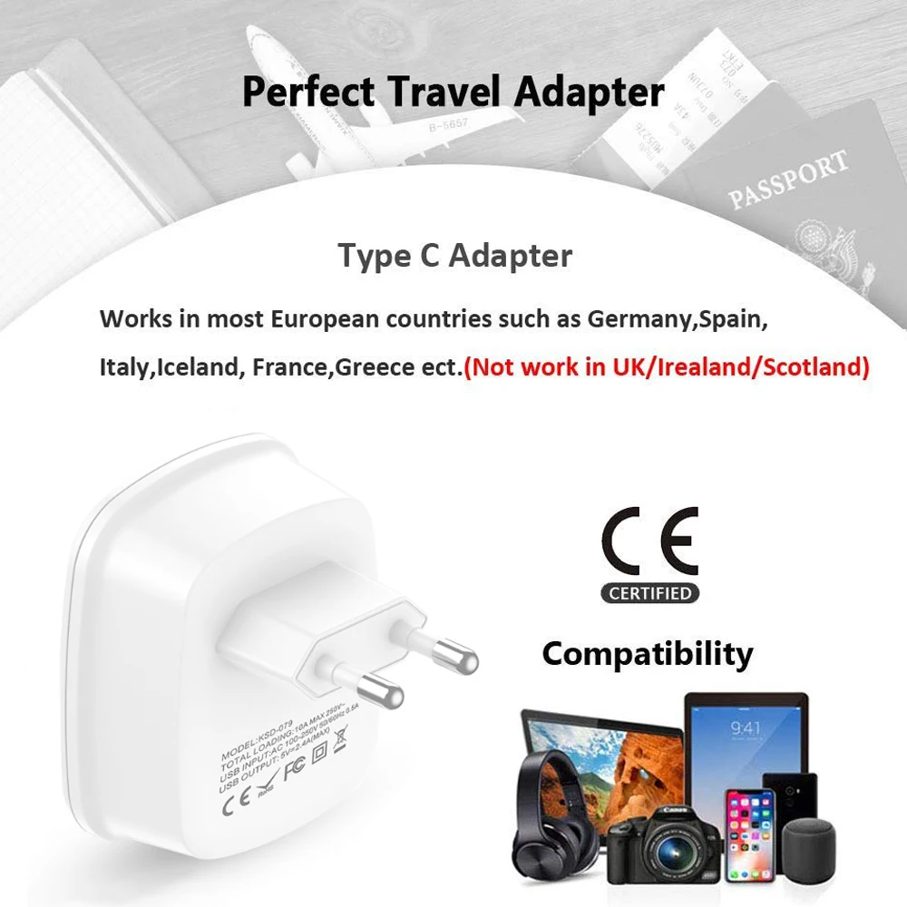 European Plug Adapter International Travel Power Outlet Socket with 2 USB Charger for iPhone Europe Spain Iceland Greece Italy | Мобильные