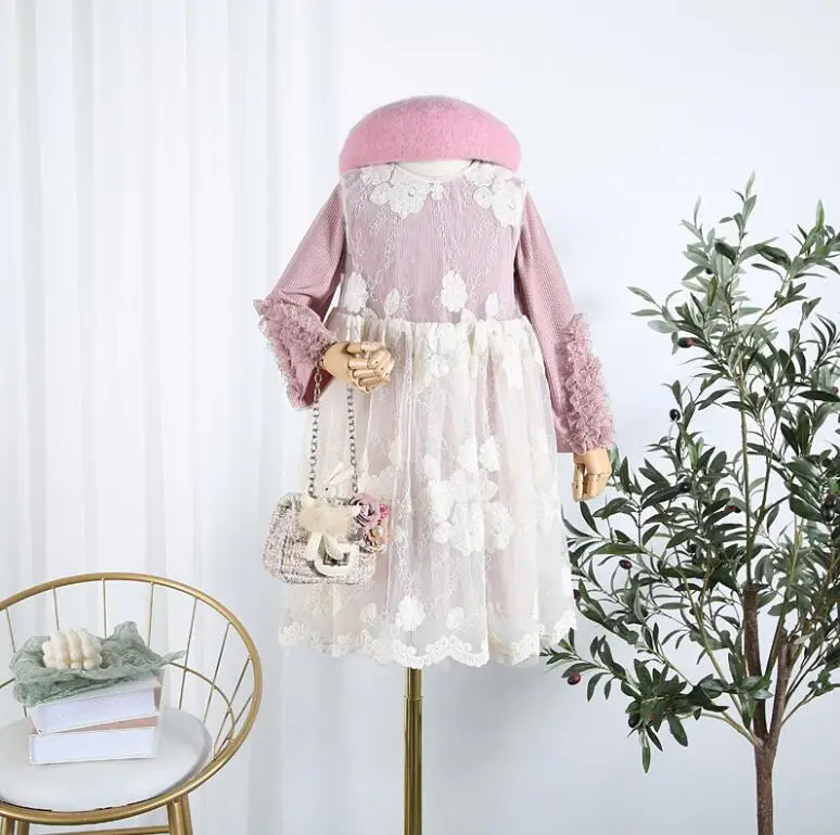 2019 Baby Girls Fall Boutique Dress Sets Lace Embroidery Vest + Long Sleeve 5 sets/lot Wholesale Free Shipping | Детская одежда и