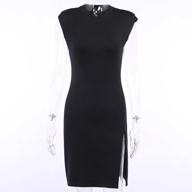 

Sleeveless Shoulder Padded Woman Dress 2020 Summer Casual Split Midi Sexy Dress Party Elegant Bodycon Office Dresses Vestidos