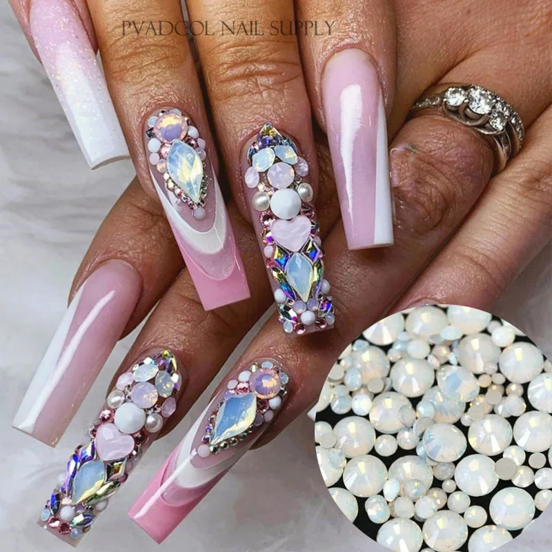 

350pcs/Pack 3D Nail Art Crystal White Opal Glass Rhinestones Flatback Glitter Nail Charms Decoration