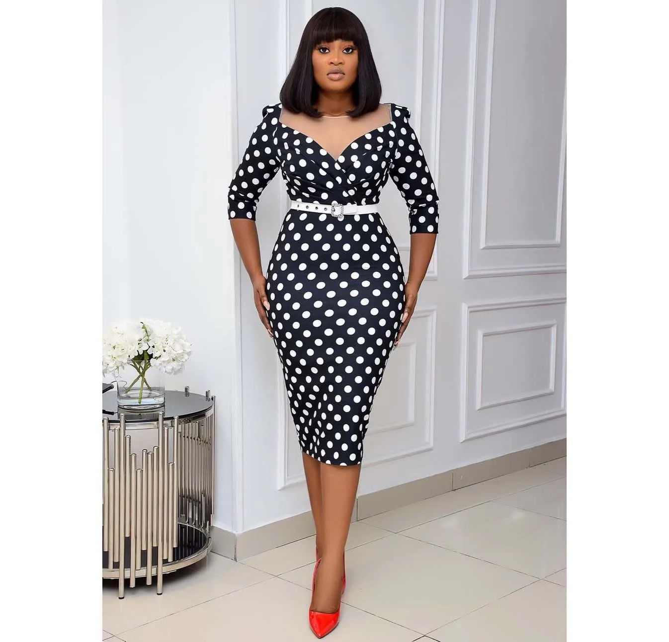 

Donsignet Fashion Women's Dress New Casual V-neck Hedging Polka Dot Printing Sexy Slim Bag Hip Seven-point Sleeve Dress
