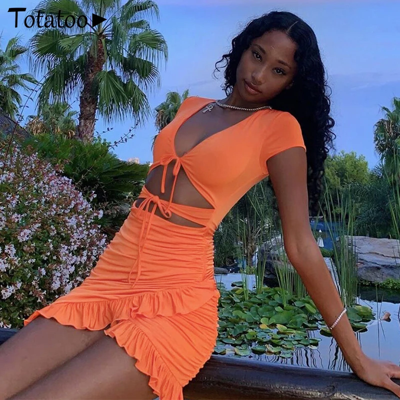 

Totatoop Lace Up V Neck Ruched Bodycon Mini Dress Women 2021 Summer Hollow Out Ruffles Sundress Beachwear Vestidos