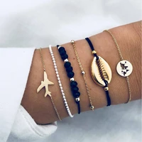5 pcs set bohemia beads chain bracelet set for woman punk shell map aircraft black charm bracelet female fashion jewelry gift