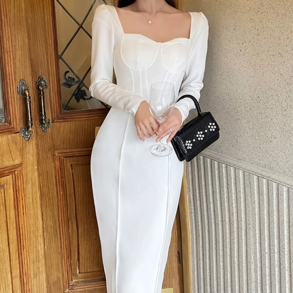 Женское сексуальное облегающее Белое Платье макси с квадратным вырезом женское