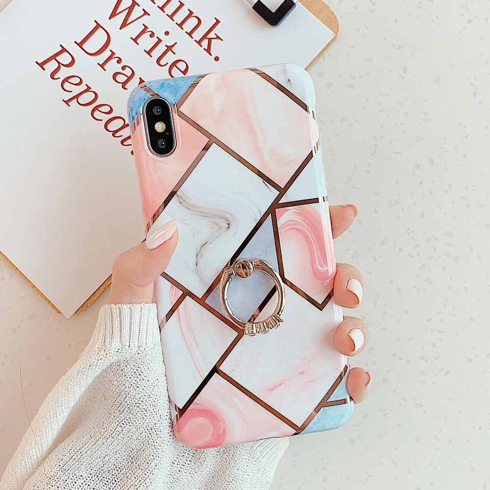 n Чехол для телефона LOVECOM для iPhone 11 Pro XR XS Max 6 6S 7 8 Plus X Мягкая Гальваническая мраморная задняя крышка с кольцом на палец - Цвет: n
