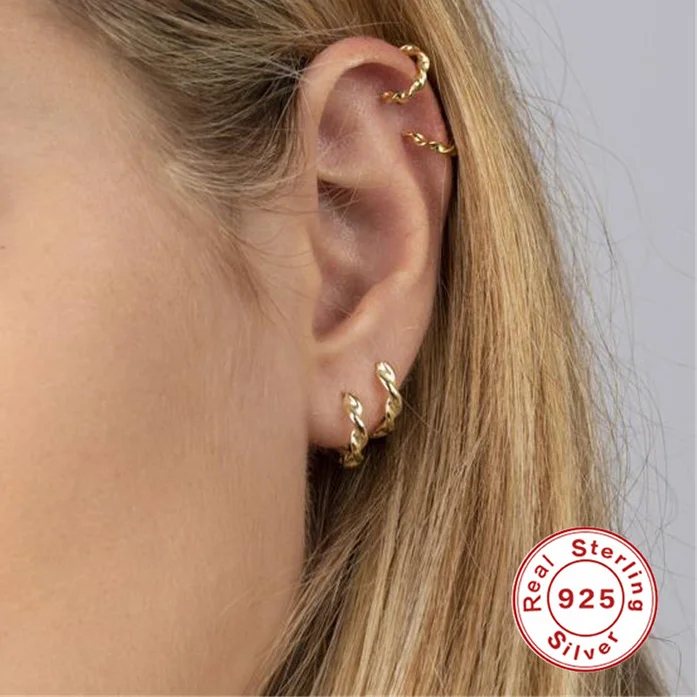 

2021 Minimalist Sterling Silver Twisted Stud Earrings for Women Geometric Circle Hoops Small Earrings Helix Piercing Earings