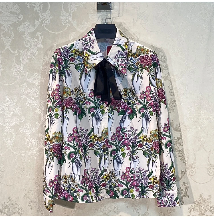Женская рубашка с длинным рукавом блузка цветочным принтом и бантом B521 весна