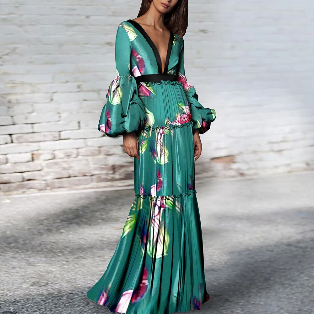 

Autumn Elegant Sexy Deep V-neck Lantern Sleeves Ruffles Dress 2020 Women Party Dress