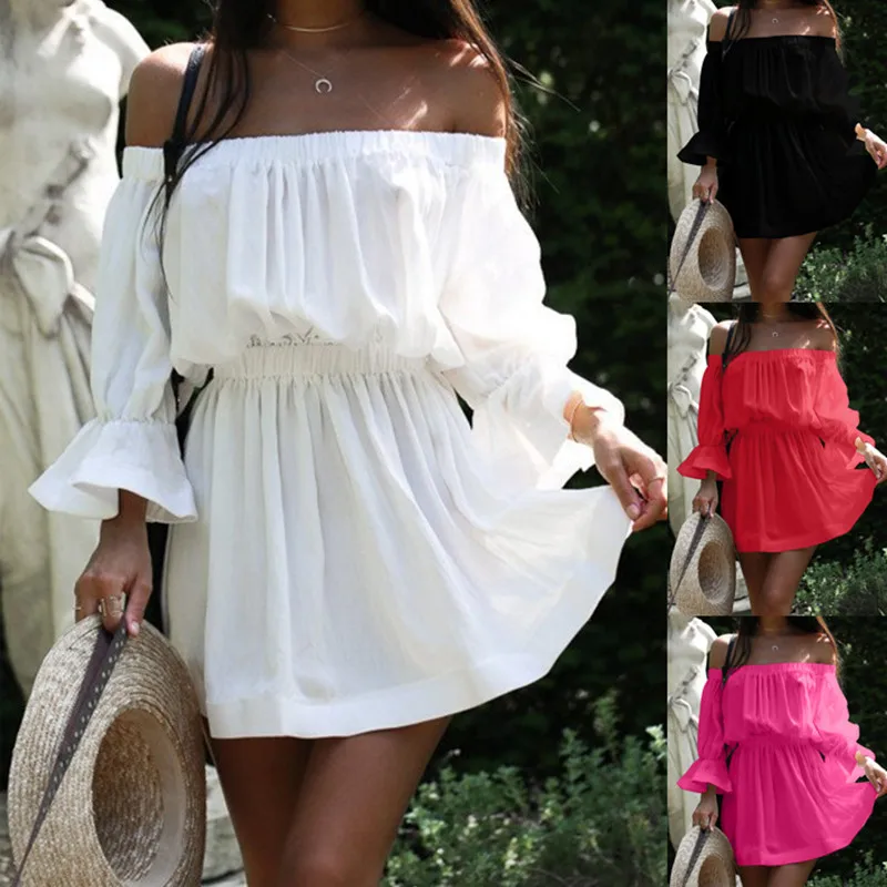 

Dress For Women Sexy Off Shoulder Slash Neck Party Long Sleeve Autumn Spring Dress 2021 New Fashion Loose Casual Beach Dresses