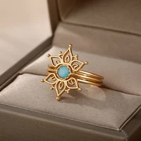 exquisite blue opal lotus flower rings for women men vintage stainless steel wedding ring boho width rings jewelry gift
