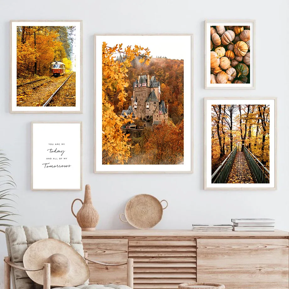 Осень лес олень Тыква кленовый лист дорога Искусство Холст Картина