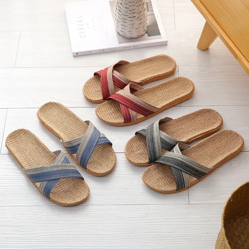 

Wholesale Man Summer Flax Slippers Indoor Bathroom Couple Home Shoes Female/Male Linen Slides Womens/Men Cross Stripes Flip Flop