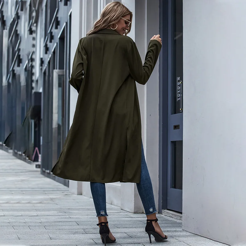 Женский однобортный Тренч с отложным воротником Длинная Верхняя одежда