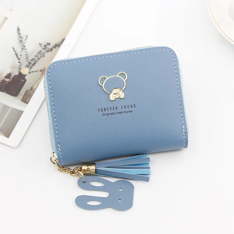 blue Женский кошелек милый медведь на молнии Мини кошельки Короткие цепи с кисточками женские кошельки и визитницы животный узор Студенческая Монета Сумка - Color: blue