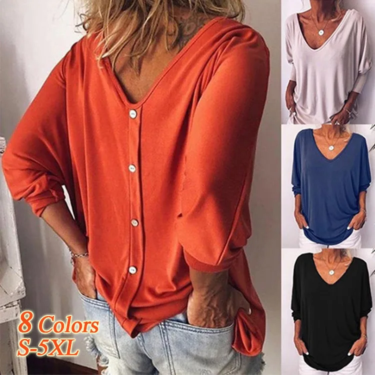 

2020 Women's Clothing V-Neck T-shirt Bat Sweater 3/4 Sleeve Back Button Blouse Oversized Fasion