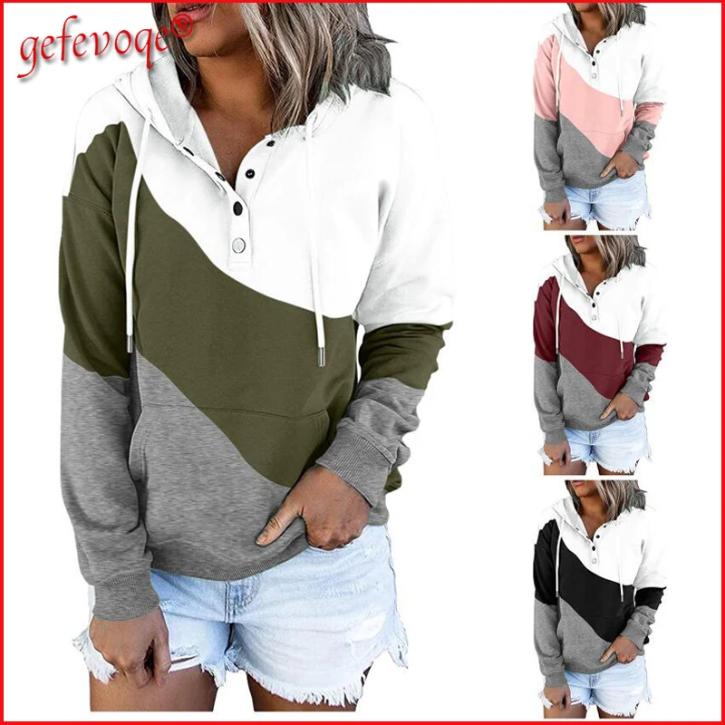 

2021 Autumn Winter Women Patchwork Fleece Hooded Sweatshirt Fashion Casual Thicken Drawstring Pocket Hoodies Pullover Top Female