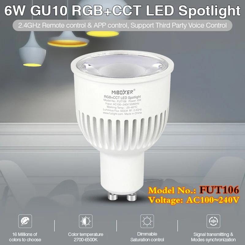 Новый 6W GU10 RGB + CCT Крытый умный Светодиодный прожектор AC100 ~ 240V Цветовая температура